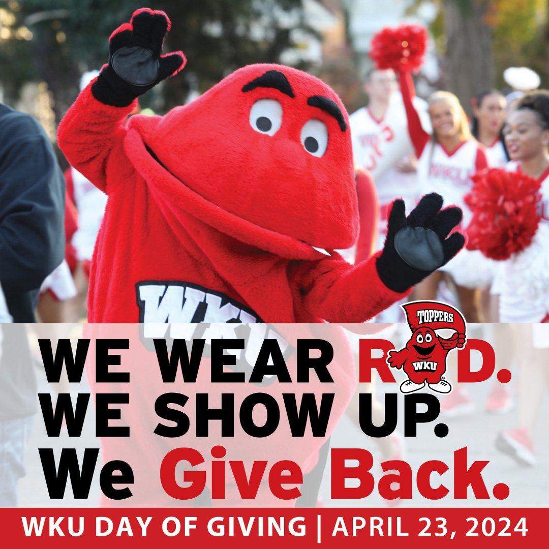 WKU Day of Giving is coming soon! Celebrate with us on Tuesday, April 23 by wearing red, showing up, and giving back! Set a reminder for April 23 or visit wku.edu/dayofgiving to get in on the action early! #WKUDayofGiving