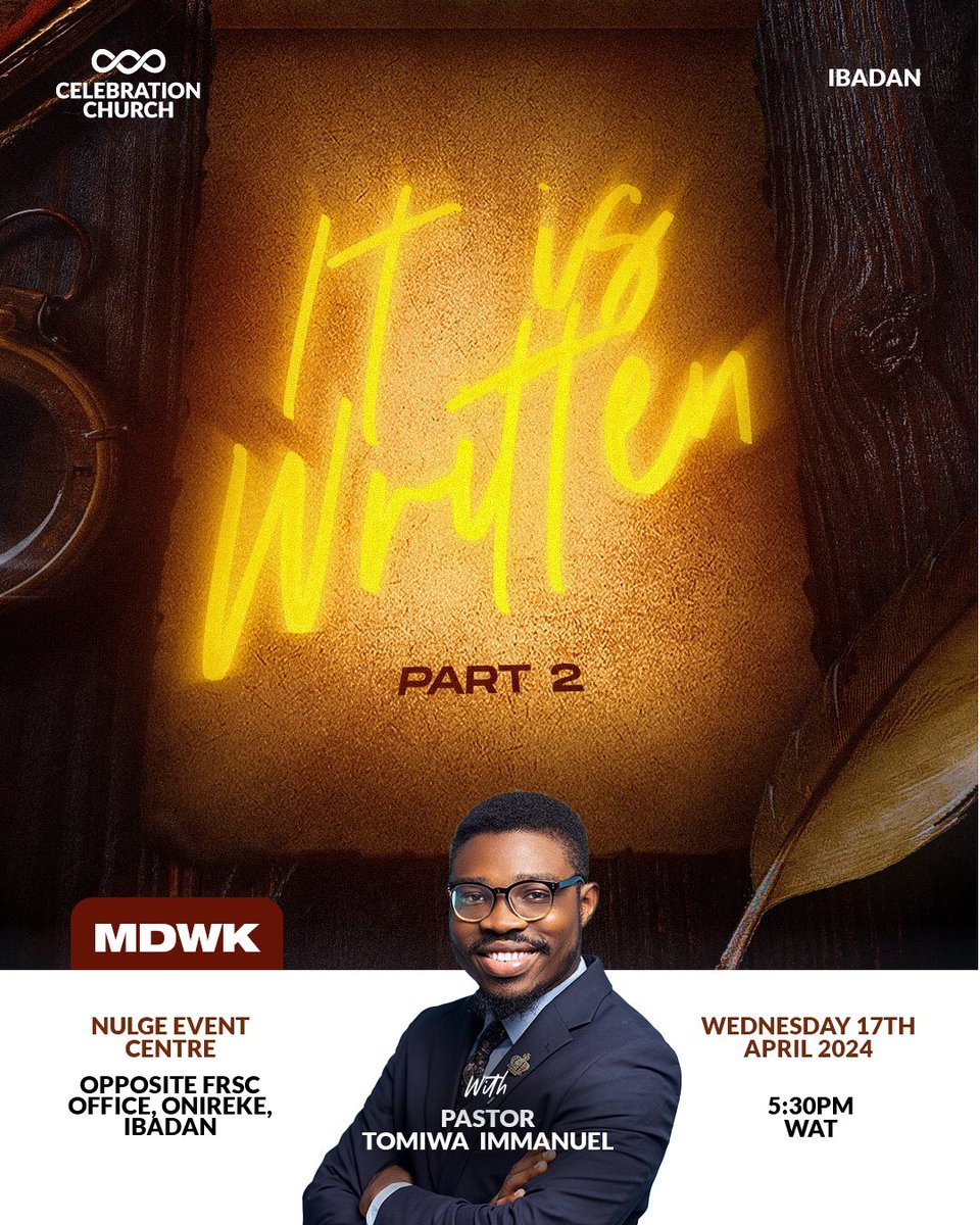cci_ibadan's tweet image. The written Word of God is superior to any other experience we may have as believers.

This is why you should join us today by 5:30pm WAT at @cci_ibadan as we go further on the topic ‘It is Written’. 

This is not a service you should miss! Come with someone ❤️

#Itiswritten