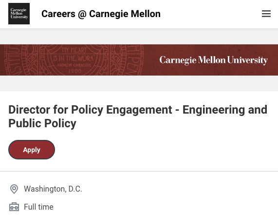 ❗We're looking for a Director for Policy Engagement (based in DC) for @CarnegieMellon @CMU_EPP & @CMUenergy❗ cmu.wd5.myworkdayjobs.com/CMU/job/Washin… I'll be 1 of many faculty engaging to keep our research policy-relevant; inform the policy process. My past examples cmu.edu/cit/veg/briefi…