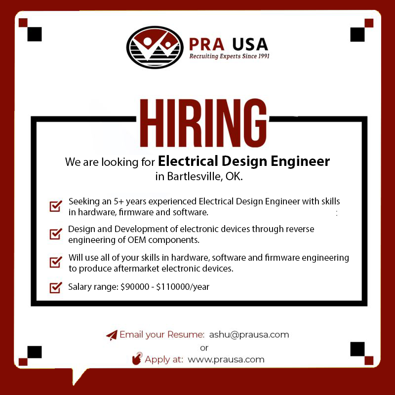 We are #hiring for 𝗘𝗹𝗲𝗰𝘁𝗿𝗶𝗰𝗮𝗹 𝗗𝗲𝘀𝗶𝗴𝗻 𝗘𝗻𝗴𝗶𝗻𝗲𝗲𝗿 in Bartlesville, OK. Apply here: bit.ly/3vUYwQE

#ElectricalDesignEngineerJob
#ElectricalDesignOpportunity
#EngineeringJobs
#DesignEngineering
#ElectricalEngineeringCareer
#OklahomaJobs
#Prausa