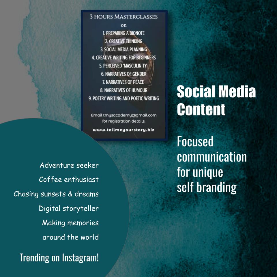 Join our #Masterclass series! Enhance skills in crafting #bionotes unleashing #creativity #socialmedia content #creativewriting exploring #masculinity #gender narratives #peace narratives #humor #poetry Register now: tellmeyourstory.biz/masterclasses-… #onlinelearning #creativethinking