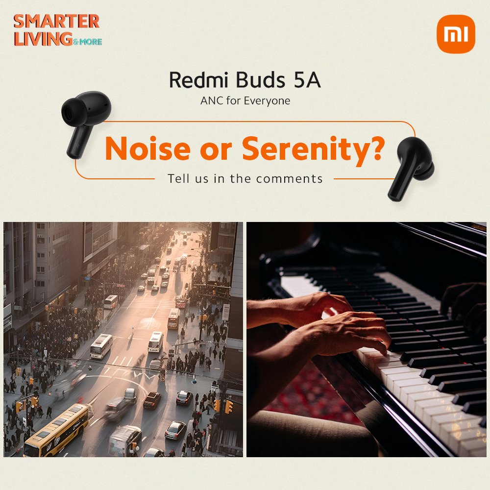 Are you ready to decide: Noise or Serenity? Let us know below! Choice is yours to tune out the noise, and tune into perfection with #RedmiBuds5A. Launching on 23rd April with #SmarterLiving2024. Get notified: bit.ly/RedmiBuds5A