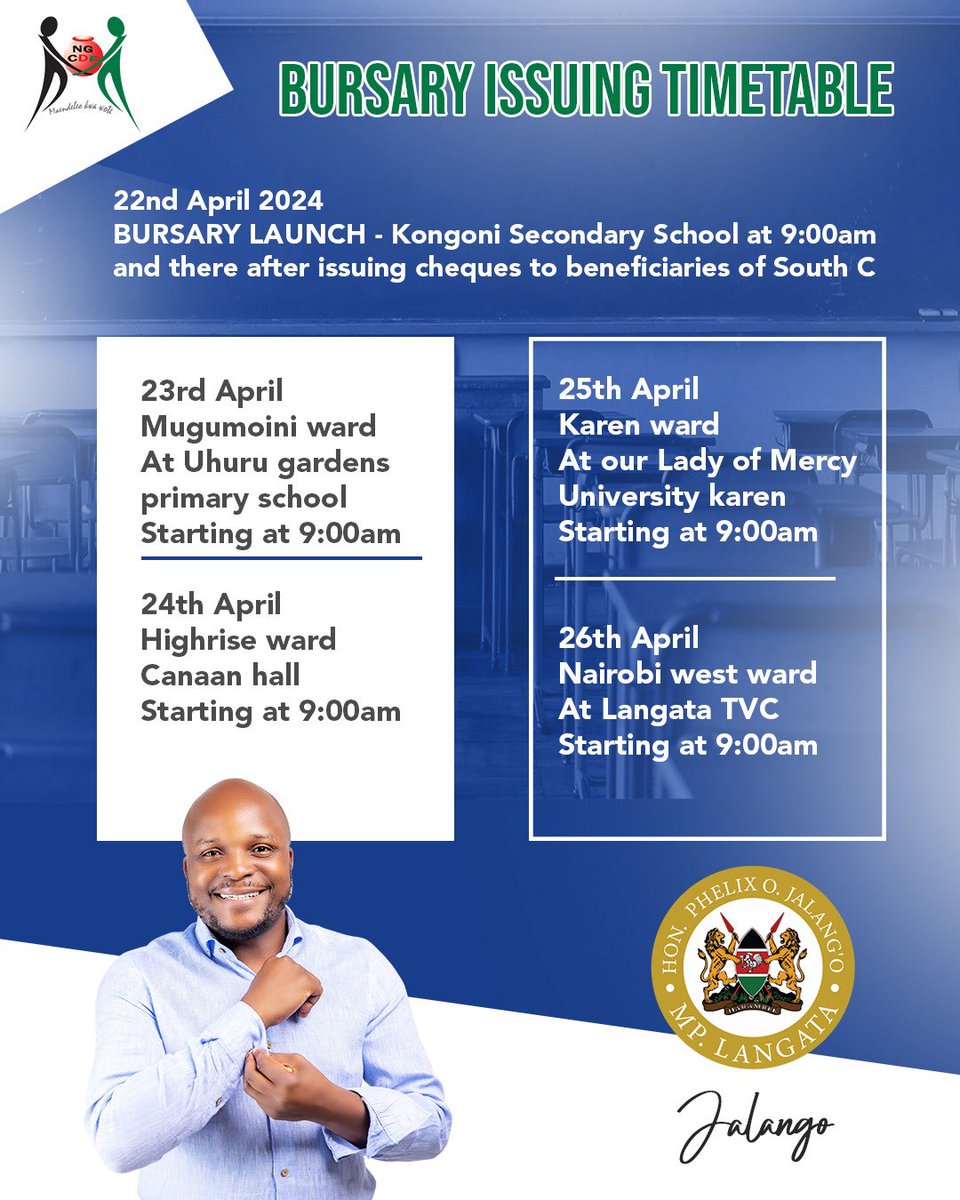 To all Langata Constituency parents who applied for bursary, kindly see dates of Cheques disbursement #Langata1 #Iposiku