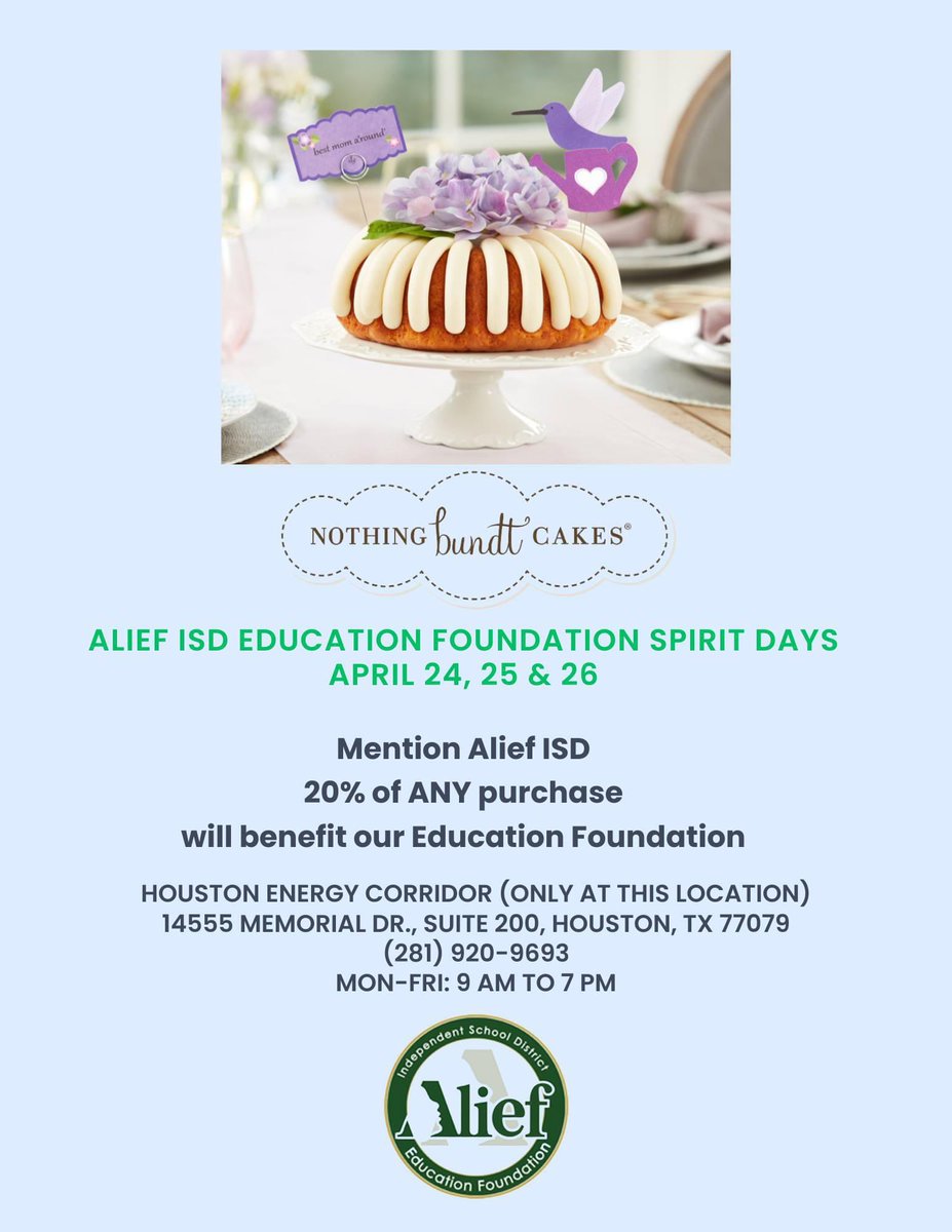 Indulge your sweet tooth for a good cause! From April 24-26, swing by Nothing Bundt Cakes in Houston Energy Corridor and support the Alief ISD Education Foundation. 20% of your purchase will benefit education in our community. Let's make a difference together! #WeAreAlief