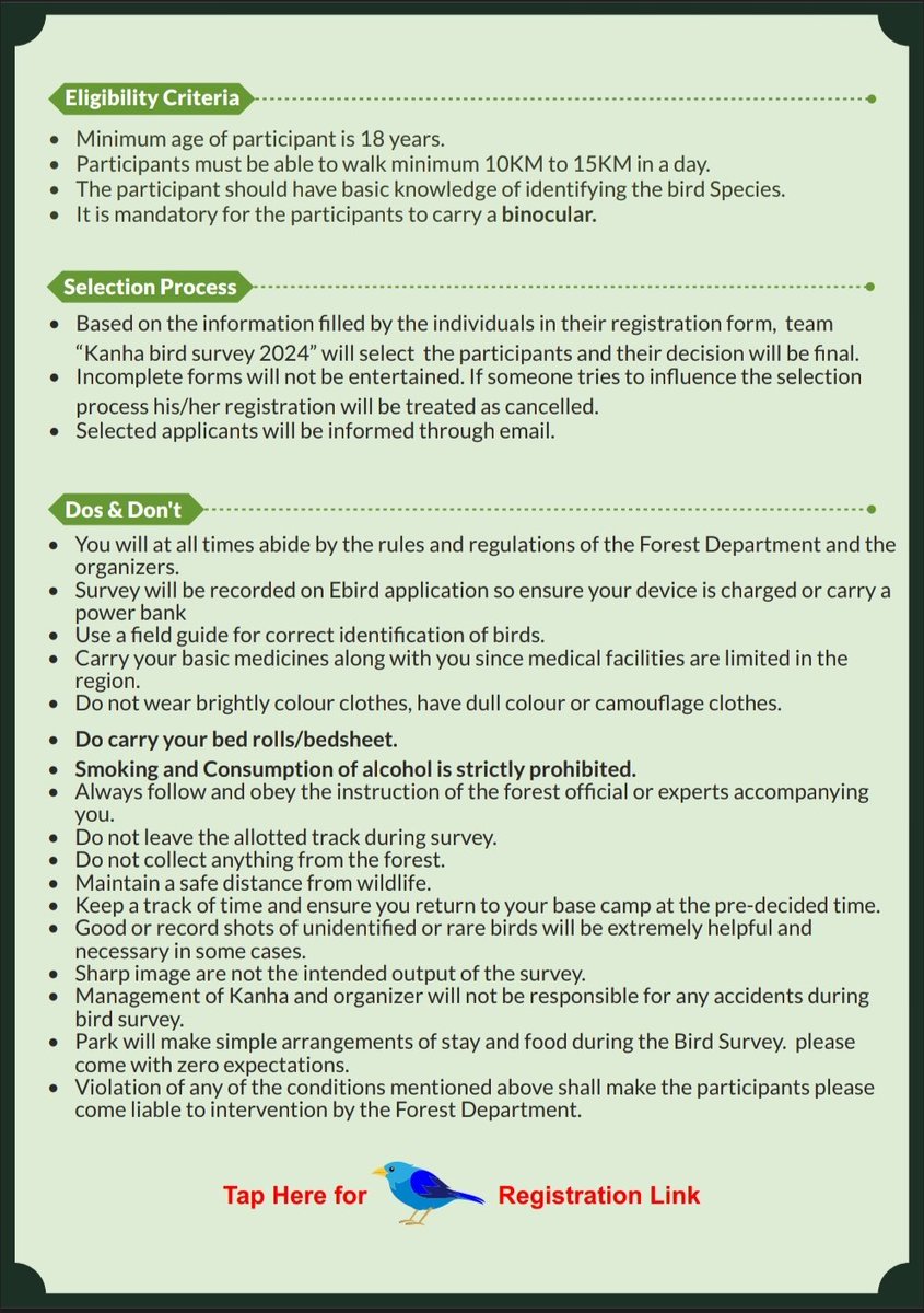 🚨 Hurry, birders! 🕊️ Secure your spot now for the 7th #KanhaBirdSurvey! 📝 limited seats available, 🌿 #Register today and be part of an unforgettable birding experience! #KanhaBirdSurvey #Birding #RegisterNow 🐦 docs.google.com/forms/d/e/1FAI…