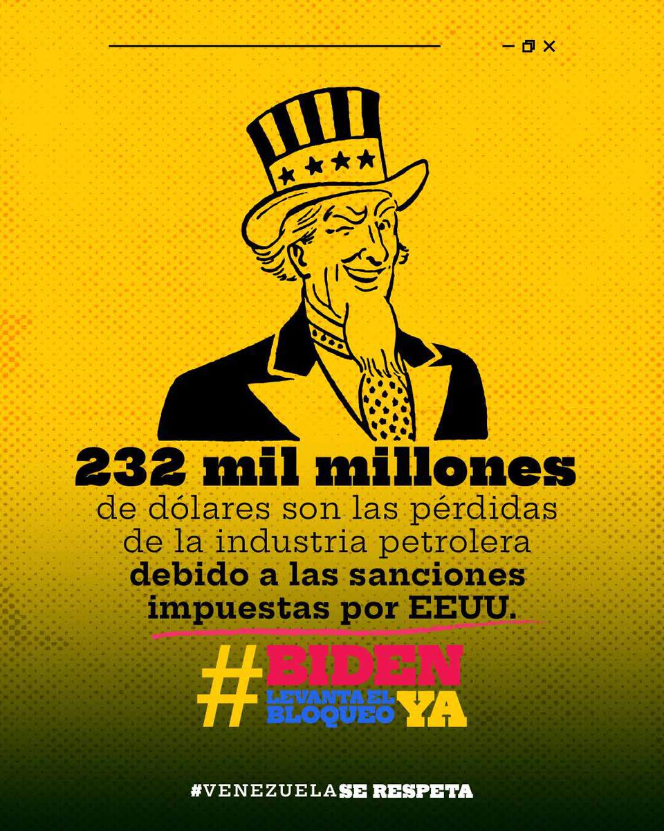 Venezuela se ha visto gravemente afectada por los incesantes golpes de las sanciones impuestas por EE.UU, siendo atacada la industria petrolera como parte de la guerra multiforme, con el objetivo de degradar la economía nacional. #VenezuelaSeRespetaYPunto #BidenLevantaElBloqueoYa