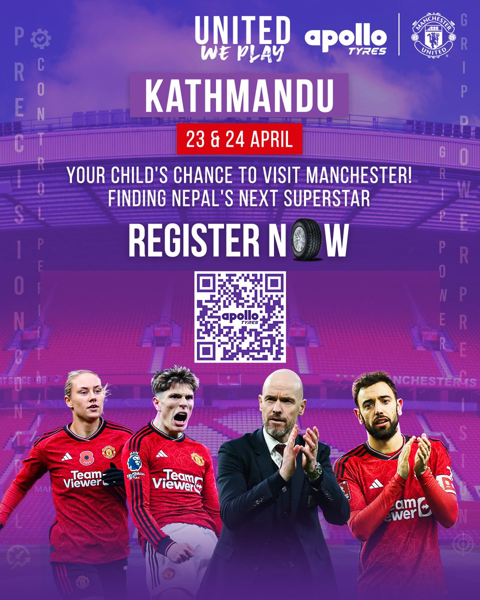 Attention football enthusiasts in Kathmandu! ⚽ Here's your golden opportunity to shine at #UnitedWePlay by @apollotyres, and get scouted by top coaches from #Manchester United! ⚽🔥 Register now with the 🔗👉 linktr.ee/apolloxsports #ApolloTyres #GoTheDistance