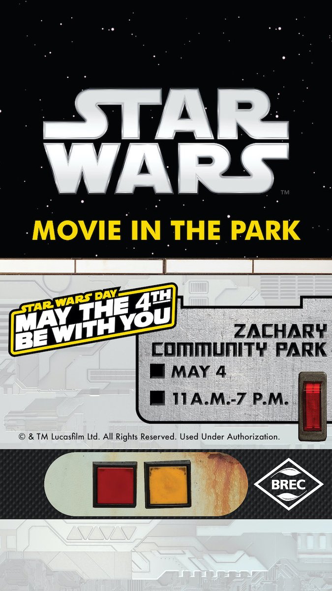 🌌✨ Calling all Jedi & Rebels! 🎬 Join us for a STAR WARS Movie in the Park on May 4th! 🚀 Enjoy character meet & greets, trivia, costume contest, and more! May the Force be with you! © & TM Lucasfilm Ltd. All Rights Reserved. Used Under Authorization. brec.org/calendar/detai…