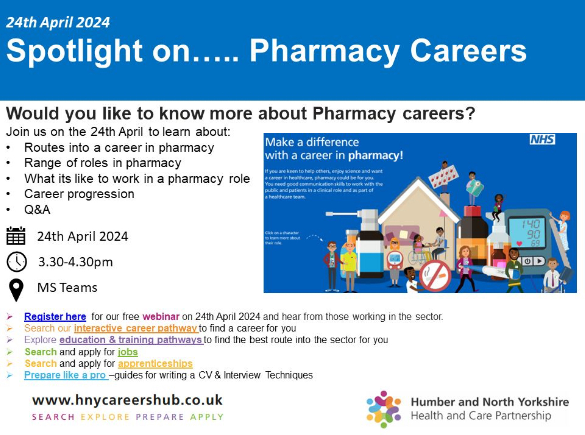 24th April 2024 Spotlight on Pharmacy careers. The session is aimed at young people who may be interested in learning more about or pursuing a role in pharmacy at some point in the future. Register for the webinar by clicking here: lnkd.in/eGNa7srG #Jobs #HNYCareersHub