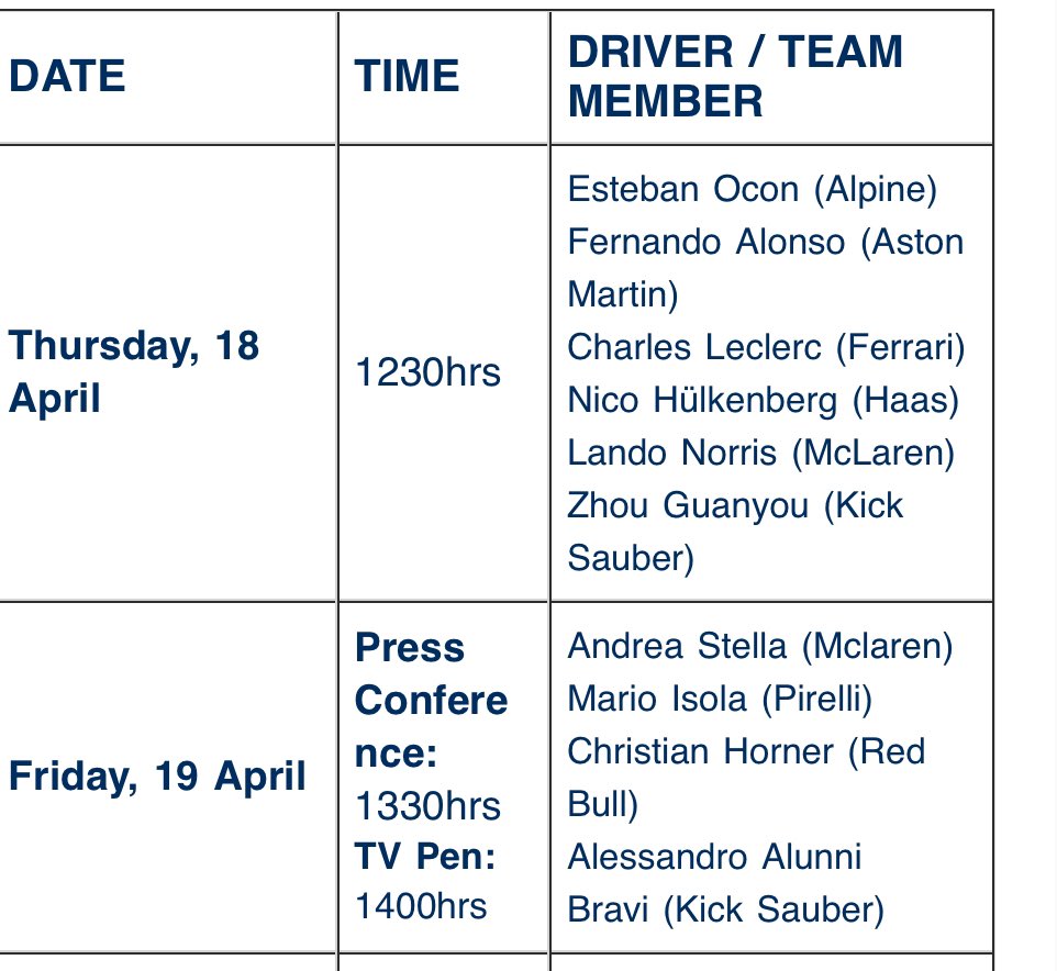 FIA #ChineseGP Press Conference Schedules