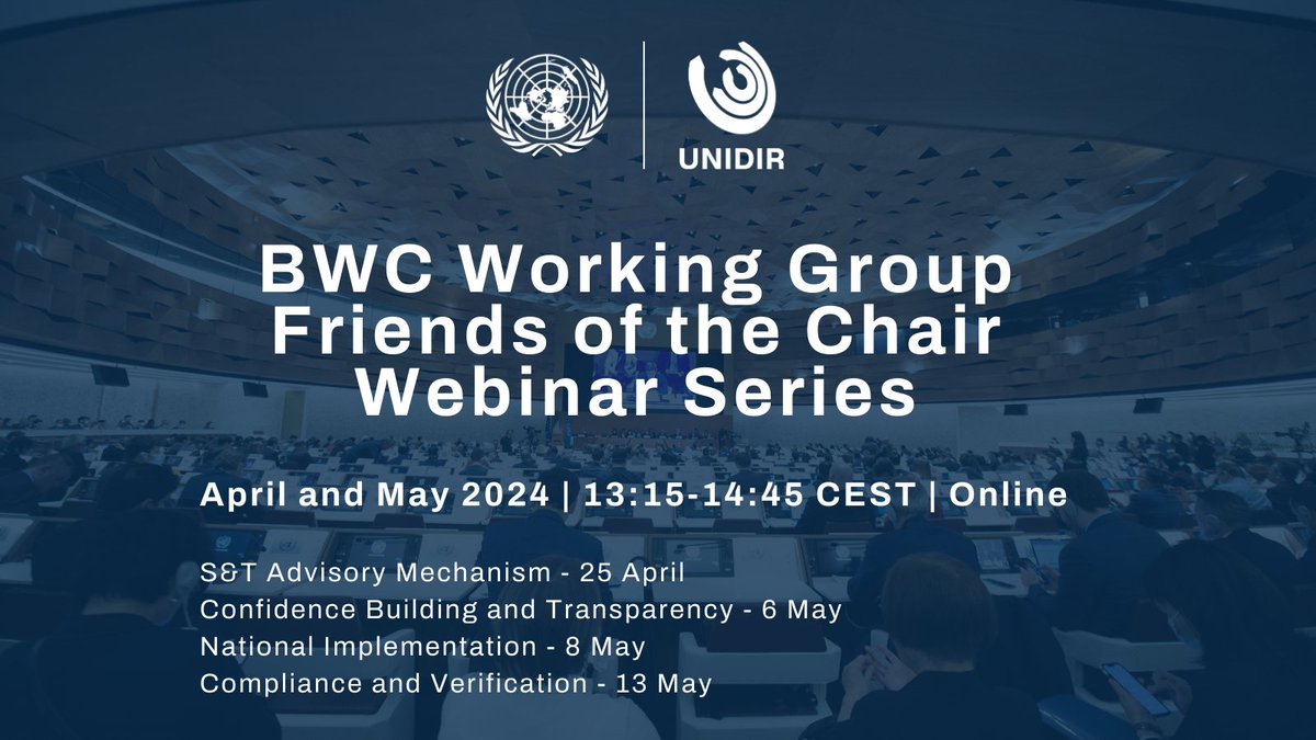 📣 We are happy to announce a webinar series on key topics of the #1972BWC Working Group  🔑👇

Join us virtually!  🧑‍💻👩‍💻⬇️

🖥️  unidir.org/BWC-STAM
🖥️  unidir.org/BWC-CBaT
🖥️  unidir.org/BWC-NI
🖥️  unidir.org/BWC-CaV