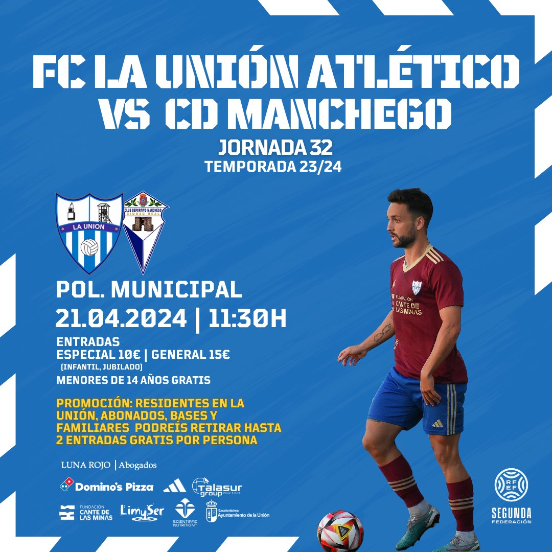 📣 𝗔𝗙𝗜𝗖𝗜𝗢́𝗡, os queremos agradecer todo lo que hacéis por nosotros:

‼️ Residentes de La Unión, abonados, bases y familiares: podréis retirar hasta 𝟮 𝗲𝗻𝘁𝗿𝗮𝗱𝗮𝘀 𝗴𝗿𝗮𝘁𝗶𝘀 por persona! (Imprescindible presentar DNI) 
🏆 Jornada 32
📅 Domingo 21 de abril
⏰ 11:30h