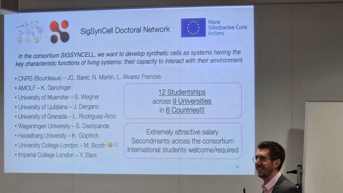 SynCellEU's tweet image. Important point from @DrMikeBooth&apos;s talk at #SynCell2024
: SigSynCell is recruiting! 
12 PhD students
 #syntheticcell #communication
More information on these positions coming soon