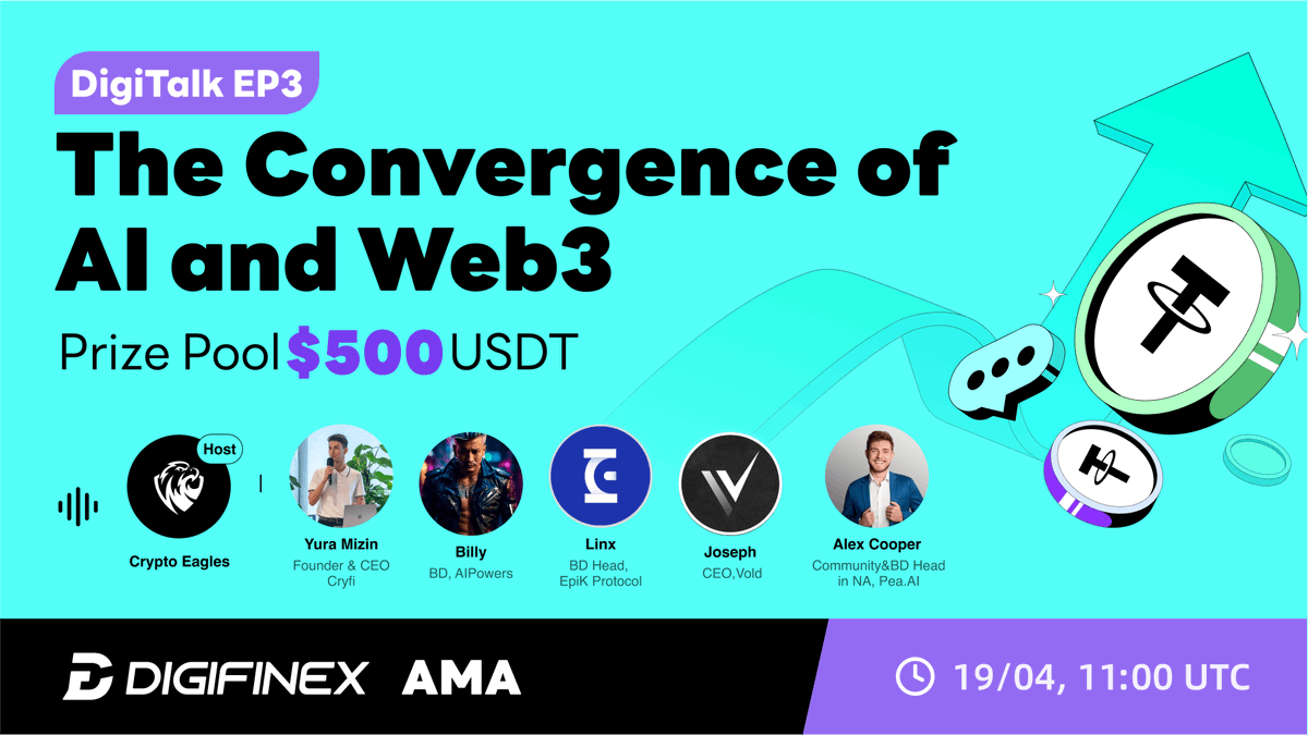 DigiFinex's tweet photo. 🚀Join us for #DigiTalk X Space co-hosted by @CryptoProject6: Exploring AI & Web3 convergence with @Cryfi_app_ @Pea_GPTs @Vold_HQ @aividgenerator @EpikProtocol at April 19th, 11 UTC! 

🎁5 lucky winners to split 100 USDT:  
1. RT & set a reminder: https://t.co/wjzdvrl5y9
2. Drop your DigiFinex UID & tag 3 friends 👇🏼
3. Complete: https://t.co/W8S8YG9Vzf

🎉$400 red packet airdrop during the X Space session, don't miss out!
