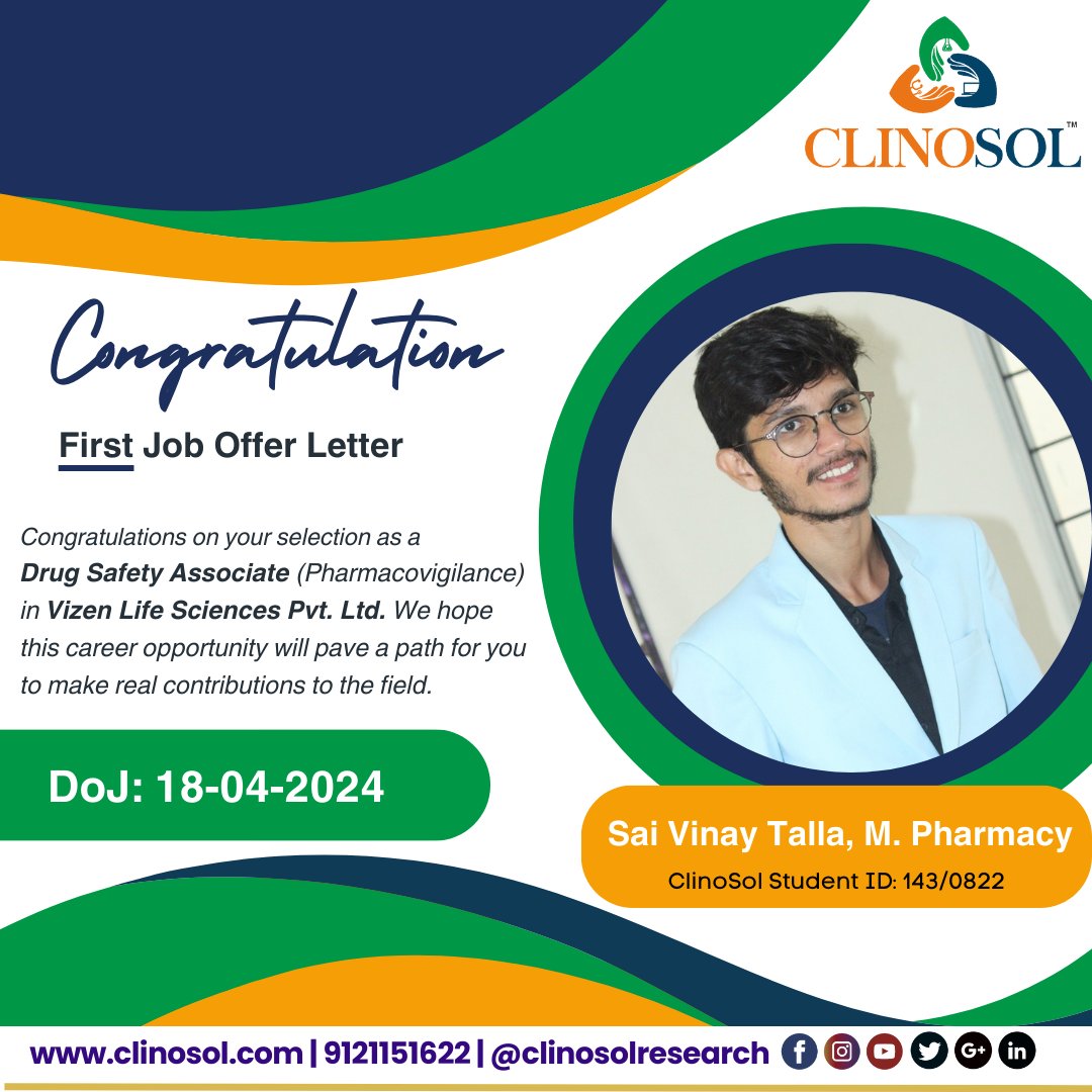 🎉 Big congratulations to Sai Vinay Talla on his new journey as a Drug Safety Associate at Vizen Life Sciences Pvt. Ltd! 🌟 #ClinoSol is proud to witness the dedication and commitment Sai has shown during his learning journey with us.  🚀 #DrugSafety #PharmaCareers #SuccessStory