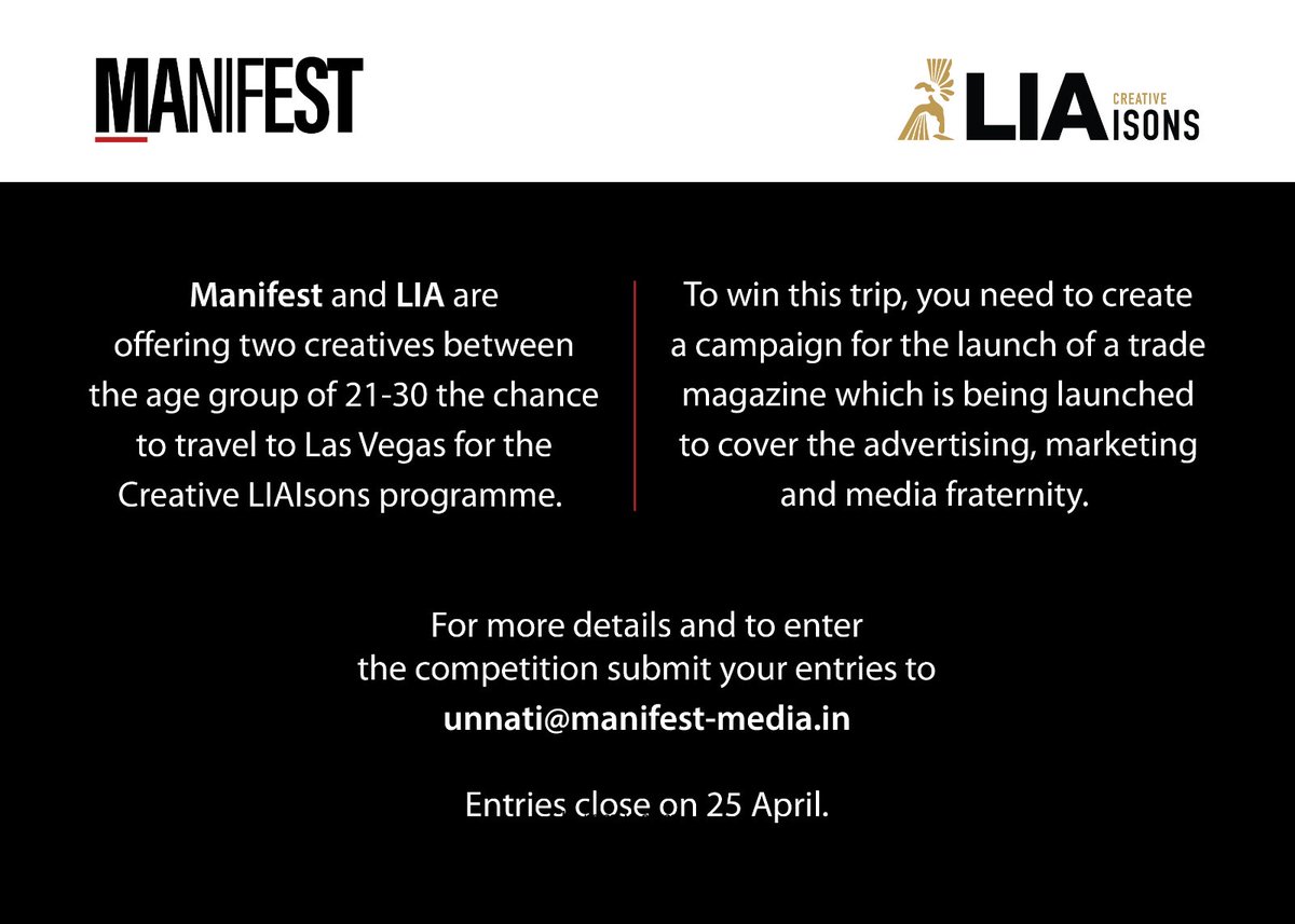 LIA is happy to collaborate with Manifest Media India on a regional Young Talent Competition and we are pleased to sponsor two winners with places at the #CreativeLIAisons onsite program running concurrently with LIA judging. Deadline is approaching quickly! #LIAawards