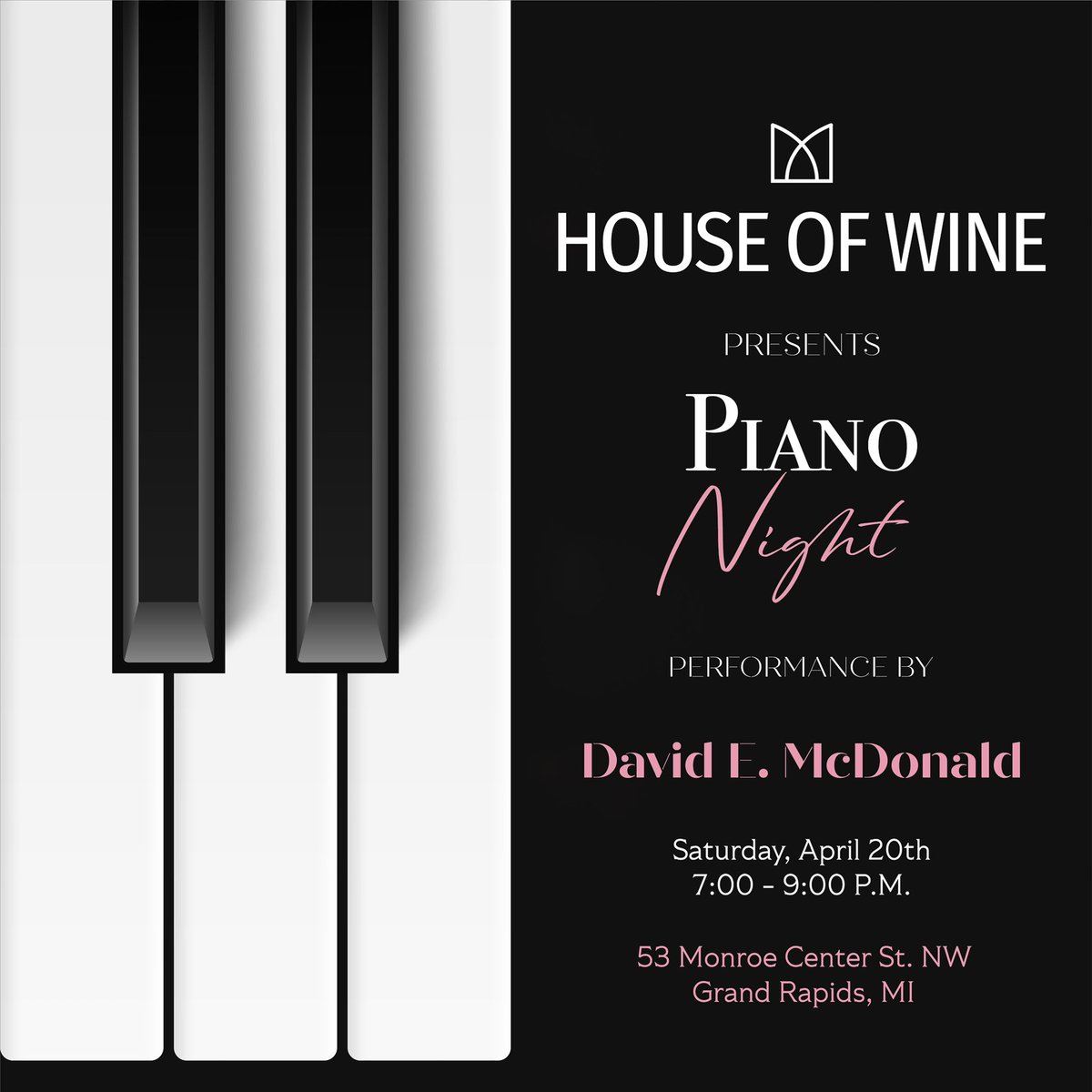 davidedmcdonald's tweet photo. Yours truly is back to jazz it up, Saturday, 4/20, from 7:00 - 9:00 P.M. To make a reservation, click the link in my bio and follow the link to House of Wine’s reservation page. Cheers!🥂 ☔️🌷🌸🎹

#HouseOfWine #Piano #LiveMusic #DowntownGR #MonroeCenterGR #HotelDistrictGR https://t.co/s4NkilHRjl