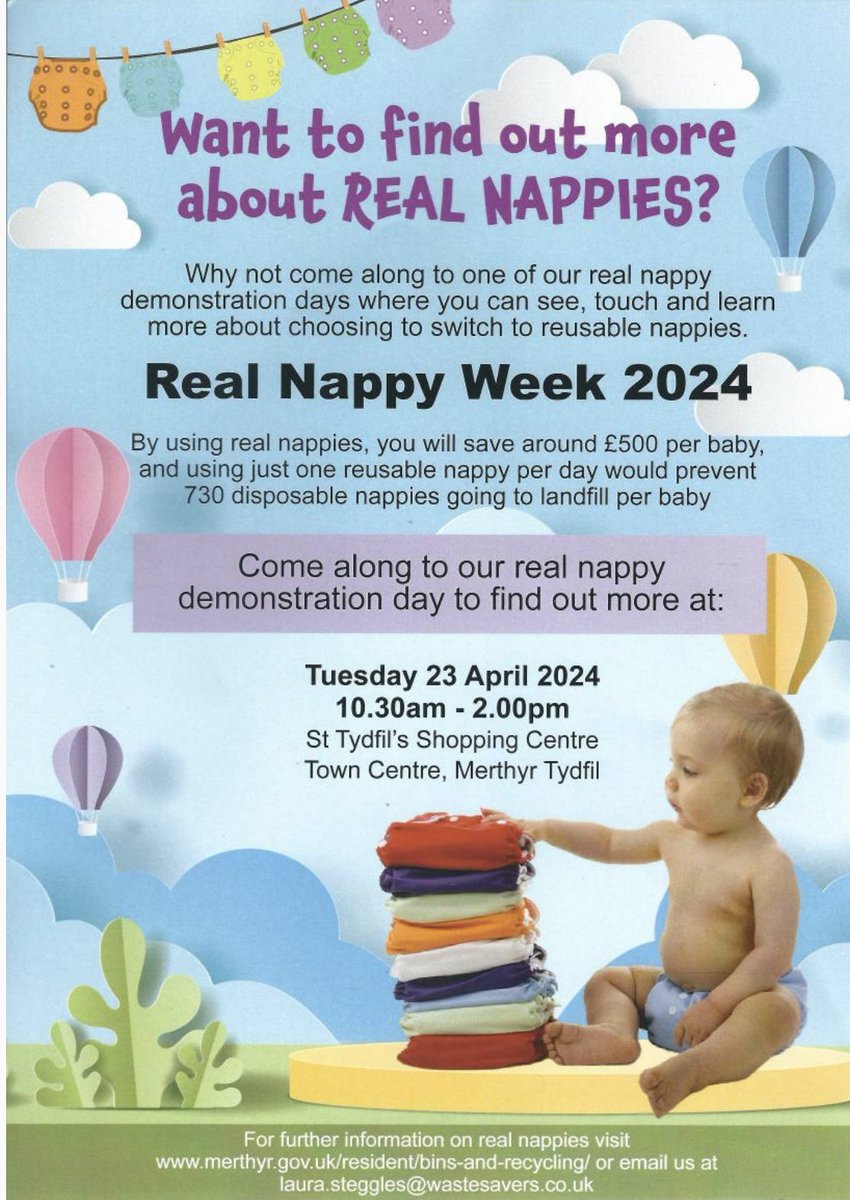 COMMUNITY MESSAGE - To new mams or expectant mams in our area - you could save £500 a year by using reusable nappies. Why not come along on Tuesday 23rd April to see how! 👶 @Wastesavers @MerthyrCBC