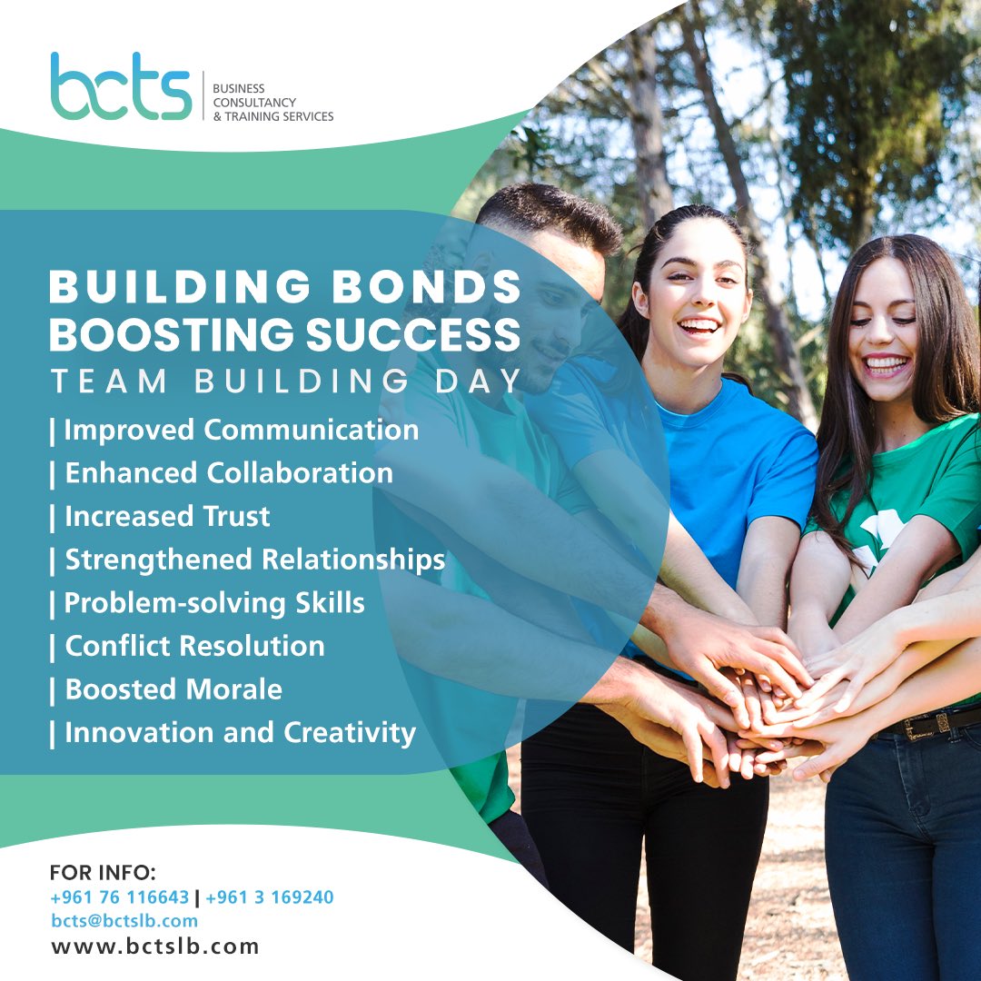 Experience the transformative power of BCTS Special Teambuilding Day, crafted to fortify your team’s foundation and propel them toward success.

For info +961 76116643 | +961 3 169 240 |bcts@bctslb.com

#bcts #bctslebanon #middleeast #teamdevelopment #impact #innovation