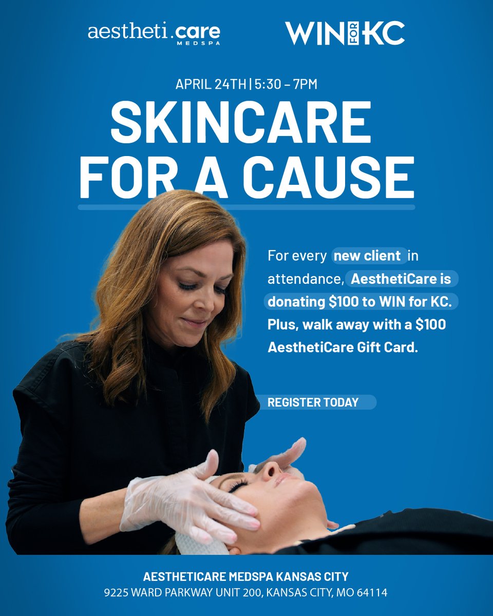 Join us for Skincare for a Cause at AesthetiCare Medspa! For every NEW client in attendance, AesthetiCare is donating $100 to WIN for KC! Attendees will each receive a $100 AesthetiCare Gift Card,15% off any purchases made that night. RSVP: bit.ly/49xaTzZ