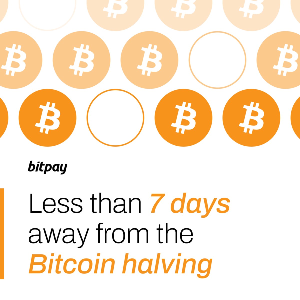 The Bitcoin halving is less than one week away, marking a significant event that reduces mining rewards by half. Learn More: bitpay.com/blog/bitcoin-h… #BitPay #Bitcoin #crypto #bitcoinhalving