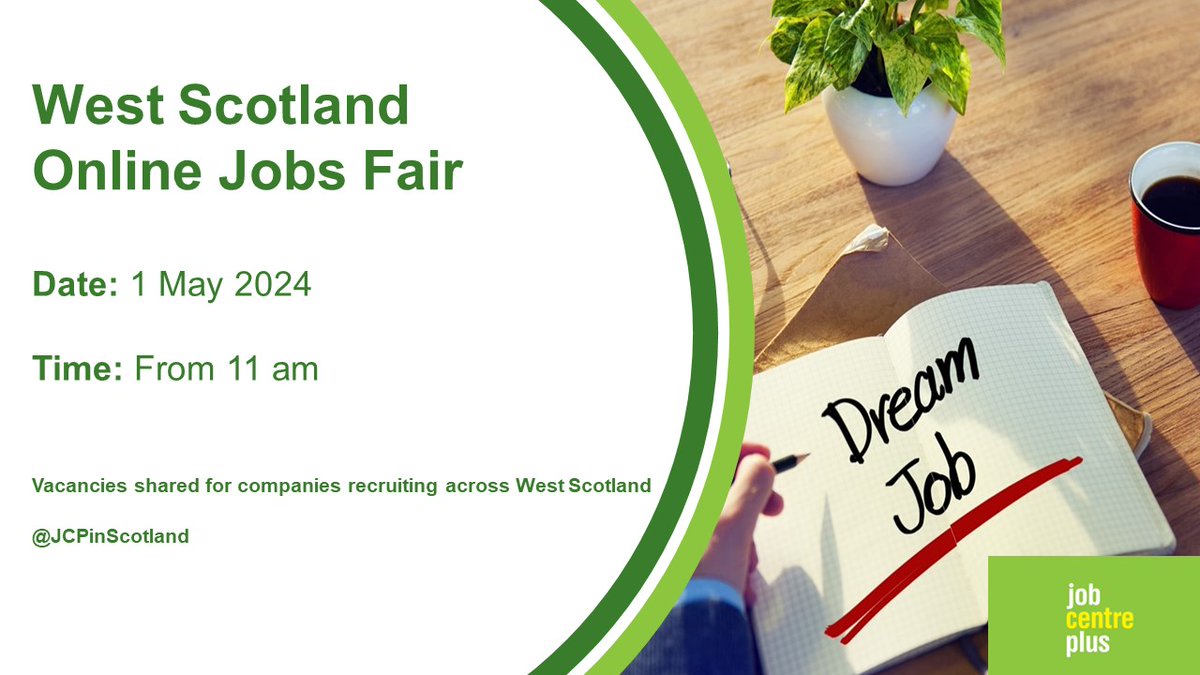Join @JCPinScotland West Scotland Online Jobs Fair on 1 May from 11 am.

We will be sharing the latest vacancies from #Employers across #WestScotland

@DYWWEST
#RenfrewshireJobs #InverclydeJobs #ArgyllJobs #DunbartonshireJobs #LanarkshireJobs