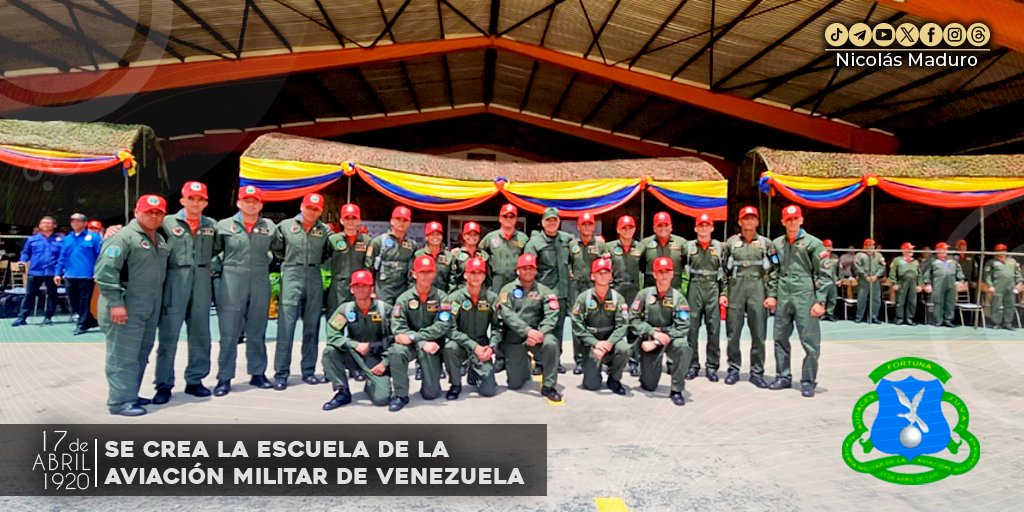 En el 104° Aniversario de la Escuela de la Aviación Militar de Venezuela, es oportuno felicitar, reconocer y destacar el patriotismo, el coraje y la osadía de quienes hoy se forman para ser los grandes defensores y defensoras de la Paz y la Soberanía Nacional. ¡Felicidades!
