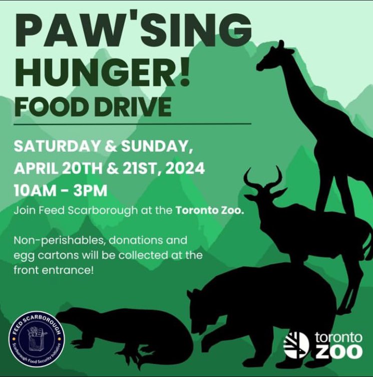 Join @FeedScarborough at @TheTorontoZoo this Saturday and Sunday (April 20 & 21) from 10AM-3PM on their #fooddrive!

For more information: torontozoo.com/events/EcoDrive

#Scarborough #torontozoo