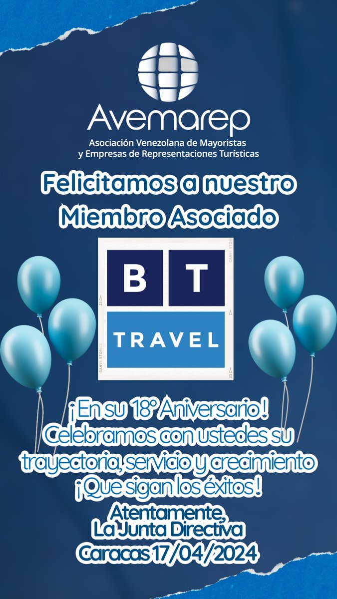 Felicitamos a nuestra empresa miembro *BT TRAVEL* por el arribo a su 18° Aniversario, esperando celebren muchos años más, de trabajo y crecimiento en la Industria Turística Nacional... Felicidades 👏🏻 <a href="/BTTravelVzla/">Grupo BT TRAVEL ✈</a>