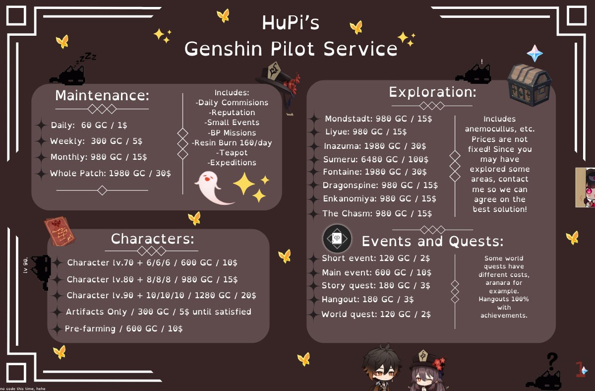 hu_pilot's tweet photo. HuPi's Pilot Services - HSR &amp; Genshin✨

You do not have time? Do you need advice and don't know how to build your characters? You can ask me anything (even free)

High rank, day one player.

Prices are negotiable and you can contact me privately to discuss.

#genshintwt #hsrtwt https://t.co/VtELMNxCsR