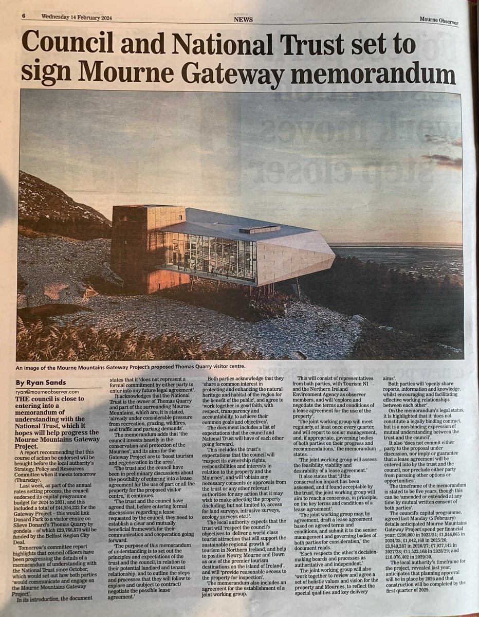 At a recent @nmdcouncil committee meeting, @cllr_sharvin claimed the @NationalTrustNI are “fully on board” with the Mourne Gateway/gondola project because they’ve signed a memorandum of understanding. However, as the article below highlights, this is clearly not the case.