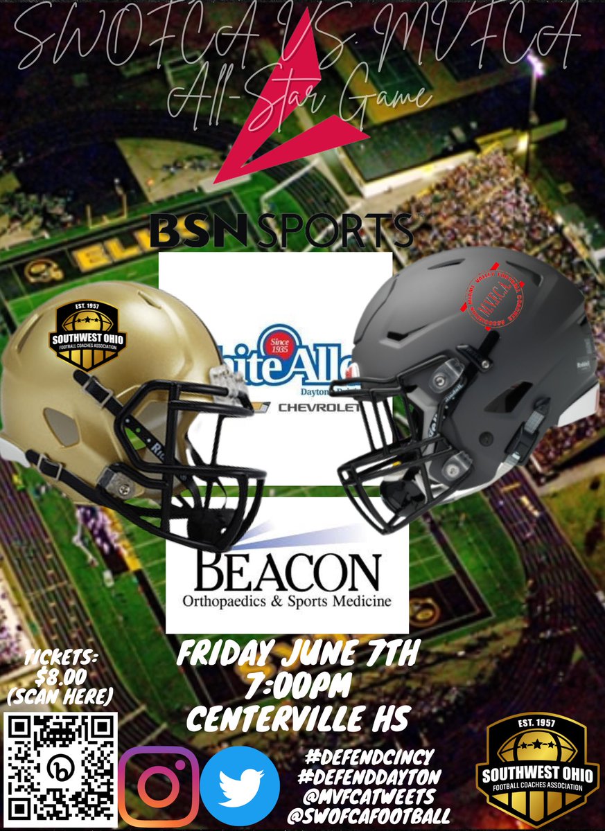 🏈 Get ready for the showdown of the year! SWOFCA v MVFCA face off at Centerville High School on Friday, June 7th at 7pm. SWOFCA's out for redemption after last year's loss. Let's make #ThebattleofI75 one for the books! Get your tickets 🎫 now! #scanqr #DefendCincy #DefendDayton