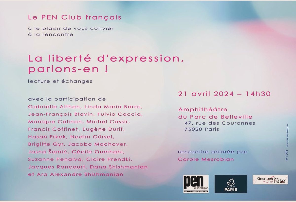 Lectures participatives et échanges, c’est dimanche 21 à 14h30 à l’Amphitheâtre du parc de Belleville, à 14h30. Venez nombreuses, nombreux ! La liberté d’expression, parlons-en ! Avec le PenClub Français.