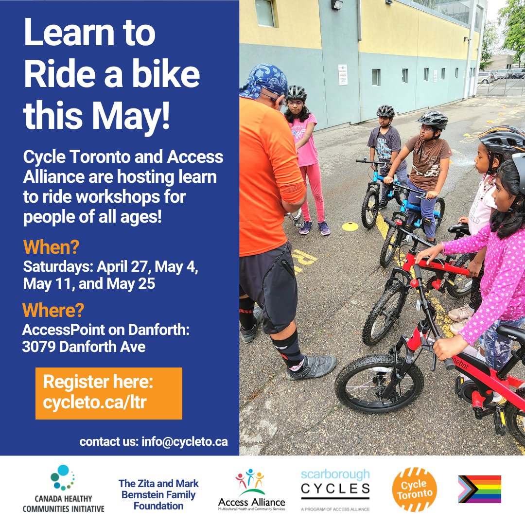 Learn-to-Ride Program: Begins Saturday April 27 Get rolling and gain confidence! We have partnered up again with @CycleToronto and are offering a 4-week Learn-to-Ride program at AccessPoint on Danforth! Registration required. cycleto.ca/learntoride_sc… #bikeTO #Ward20 #ScarbTO