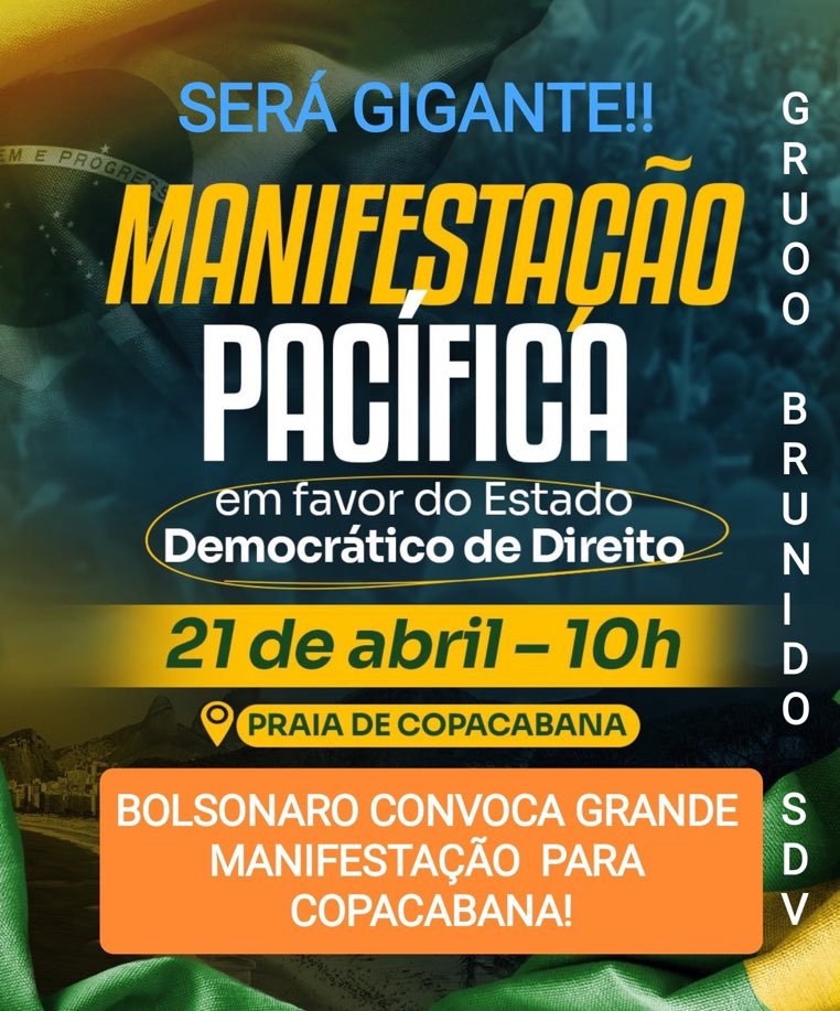 #BRUNIDOSDV🇧🇷 🔰SERÁ GIGANTE! BOLSONARO CONVOCA GRANDE MANIFESTAÇÃO PARA COPACABANA!✊ @LeilaLicio @MarcioM61326104 @silveira50 @Melkpsobrinho @Nuu0204 @macedao95 @ALSBW01 @SimplesmenteRe @Fer_Dem83 @WilliamJPatriot @AlizRodri @maribolsona