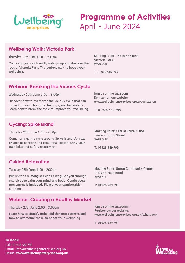 Have you seen our brand new FREE Programme of Activities? From guided relaxation to wellbeing walks to a book folding workshop, there’s something for everyone! Call 01928 589 799 or sign up via the link 👉tinyurl.com/4v3uybv7