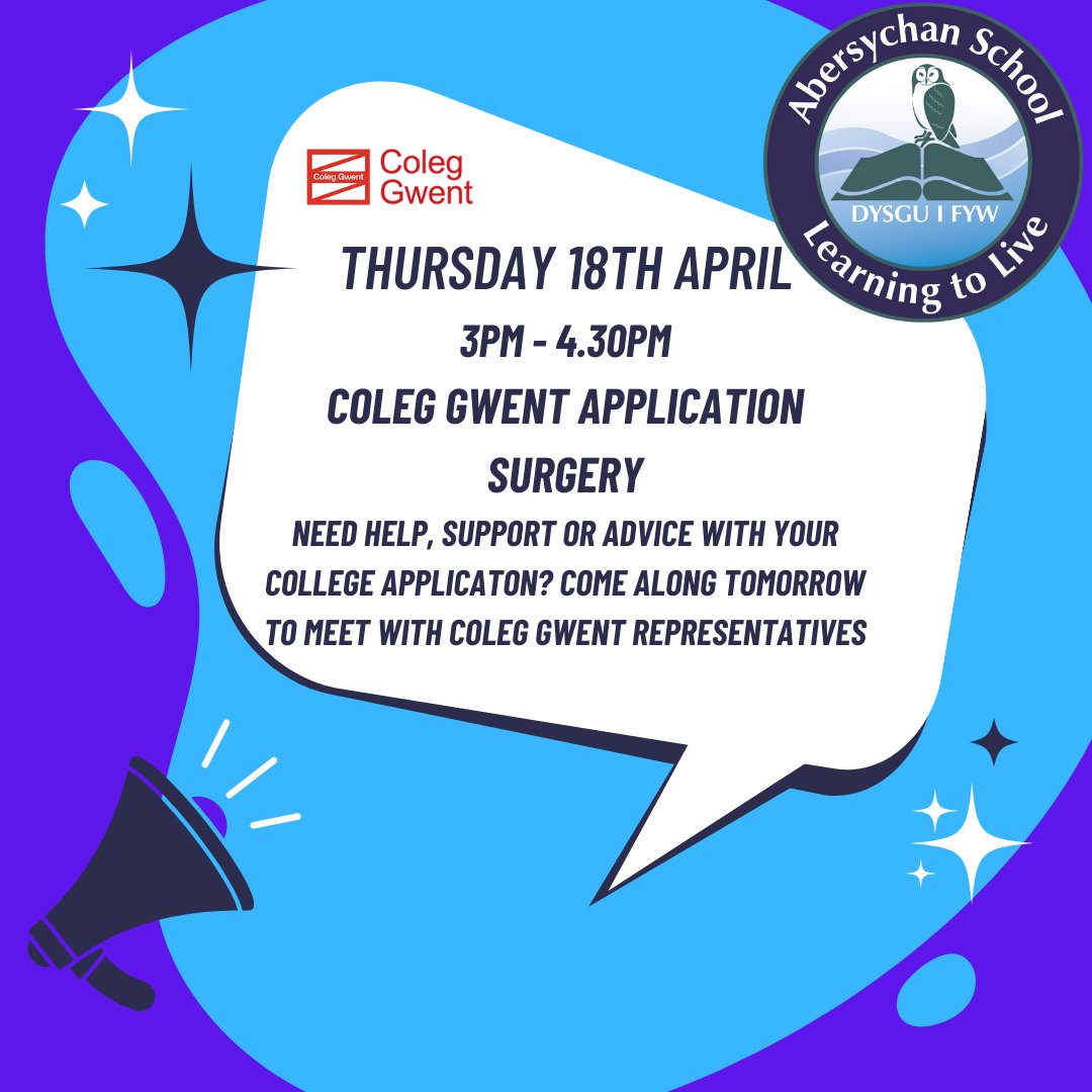 📢 Year 11 📢
A reminder of our @coleggwent application surgery tomorrow from 3pm. Need help, support or guidance with your college application form? come along and meet representatives from Coleg Gwent!
#Year11 #Leavers #Beprepared