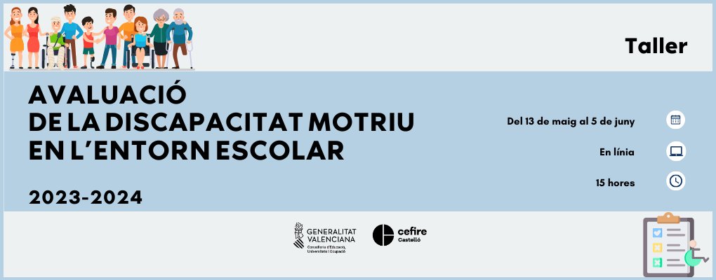 📢 En inscripció el taller: "Avaluació de la discapacitat motriu en l'entorn escolar"

✍️ Fins al 28 d'abril
🗓️ Del 13 de maig al 5 de juny
⌛ 15 hores
💻 En línia

➕ℹ️✍️👇
cefire.edu.gva.es/sfp/index.php?…
@GVA_Cefir
#CEFIRECastelló