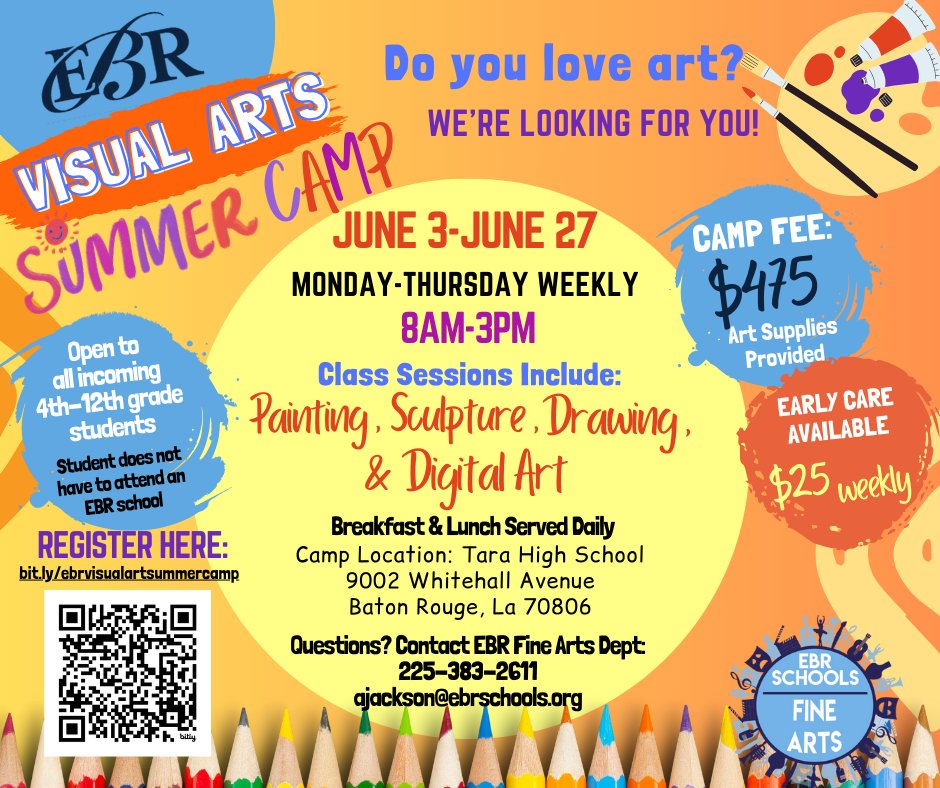 The EBR Schools Fine Arts Visual Art Summer Camp is open for registration. As the school year comes to a close, it is the perfect time to plan for an enriching and fun-filled creative space for your child. Spots are limited, so get registered today! bit.ly/ebrvisualartsu….