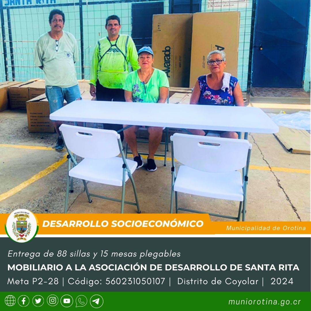 🥰 ¡Buenas noticias Santa Rita!, este pasado 10 de abril de 2024 entregamos 88 sillas y 15 mesas plegables a la Asociación de Desarrollo de Santa Rita, fortaleciendo espacios para el encuentro y la colaboración. 🤝 ¡Seguimos Adelante! #DesarrolloLocal #MuniOrotina 💪