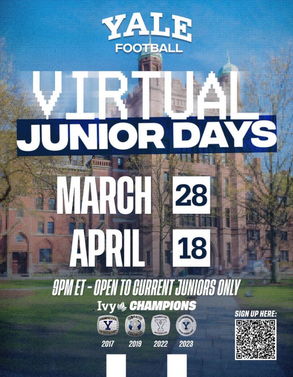 🚨CLASS OF 2025🚨 If you are interested in earning a world class education 📚 and playing Ivy League Football 🏈 tap into our 🅴🅻🅸🆃🅴 Virtual Junior Day‼️ 📆: Thursday, April 18th. ⏰: 9:00pm EST. 💻📲: tinyurl.com/5766dsdt #ThisIsYale | #Elite25