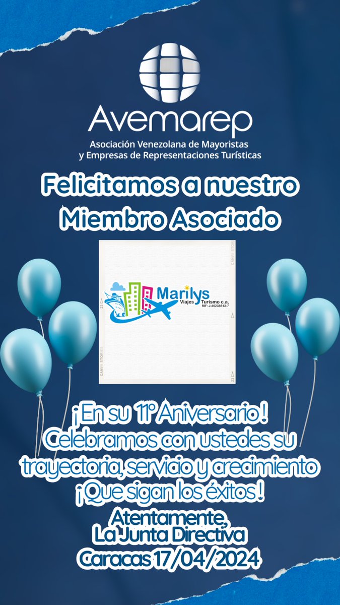 Felicitamos a nuestra empresa miembro *MARILYS VIAJES Y TURISMO* por el arribo a su 11° Aniversario, esperando celebren muchos años más, de trabajo y crecimiento en la Industria Turística Nacional... Felicidades 👏🏻 <a href="/marilysviajes/">Marilys Viajes</a>
