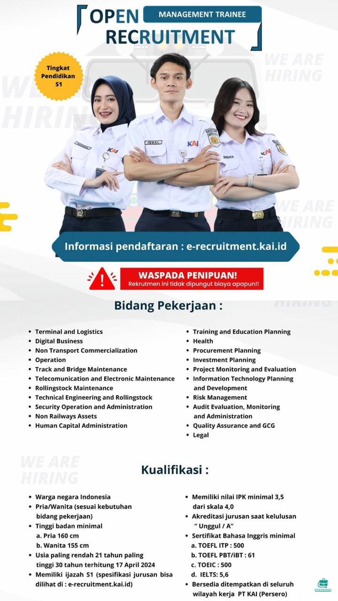 worksfess's tweet photo. Para jobseekers yg pgn work! di KAI nih mumpung ada loker MT🤩 https://t.co/zkHoGYKS8q