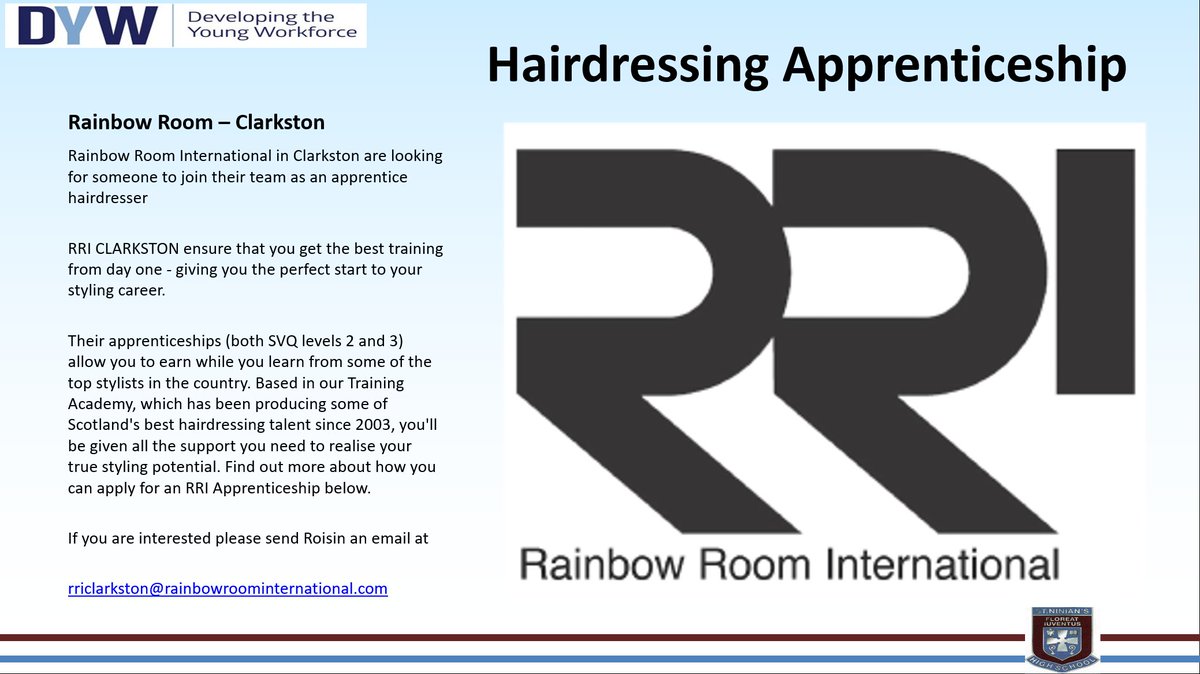 🌈Rainbow Room International @RainbowRoomInt in Clarkston are looking for someone to join their team as an apprentice hairdresser 💇 More information ⬇️ @stninianshigh