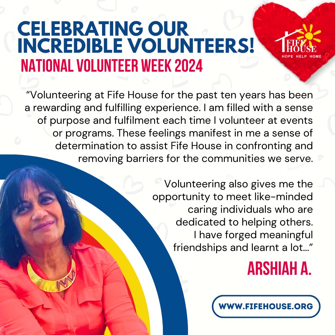 Fife House's Volunteer Love-Fest continues as we highlight another wonderful volunteer. Arshiah has been a familiar face at Fife House for many years. She always complete tasks with grace & a smile. Thank you 4 all of your contributions, Arshiah! We ❤️you #NationalVolunteerWeek