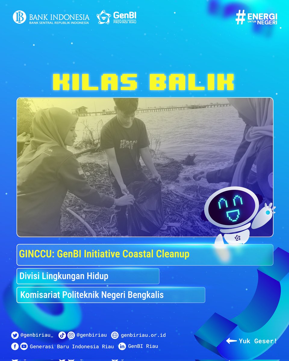 Genbiriau_'s tweet photo. [GINCCU : GenBI Initiative Coastal Cleanup]

Halo #SobatGenBI👋🏻

Pada 11 November 2023 lalu, Divisi Lingkungan Hidup Beraksi dalam kegiatan GINCCU: Gerakan Bersih Pantai untuk Lingkungan Lebih Baik. bersama GenBI.
Bersatu kita jaga keindahan pesisir pantai! 🌊🌿 https://t.co/KT1aiKhNEO