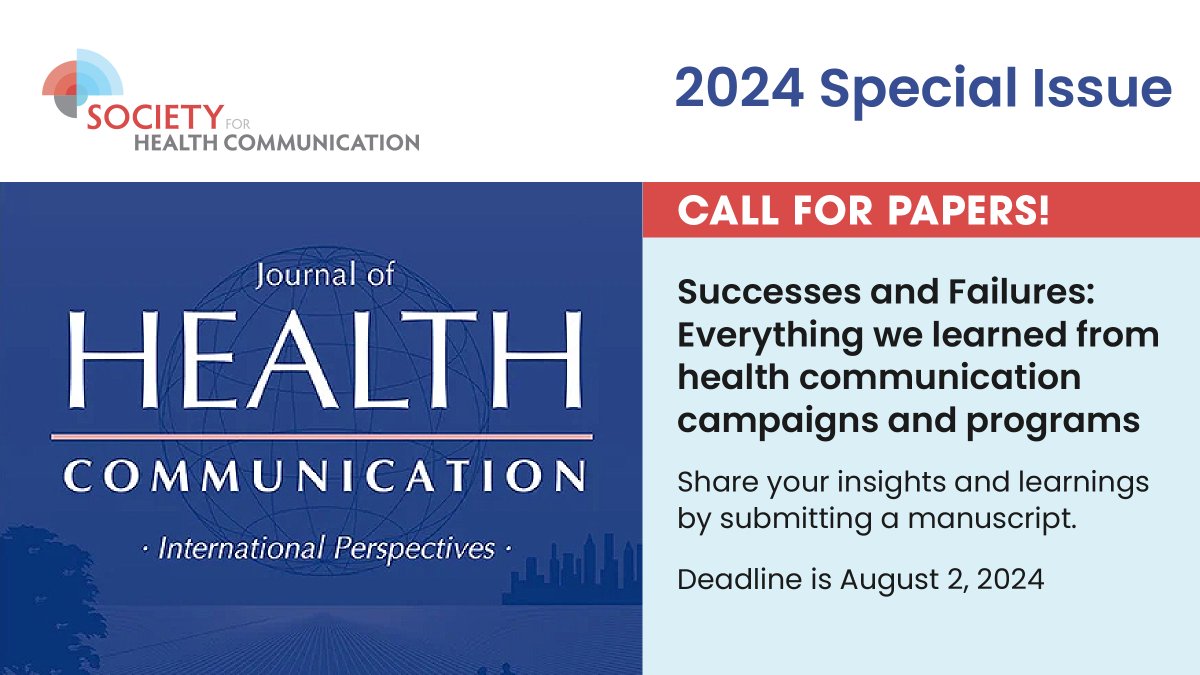Call for papers is now open. In partnership with the Journal of Health Communication, we are pleased to announce a special issue Successes and Failures: Everything We Learned from Health Communication Campaigns and Programs. 

Learn more: bit.ly/3PYr2I6 #HealthComm