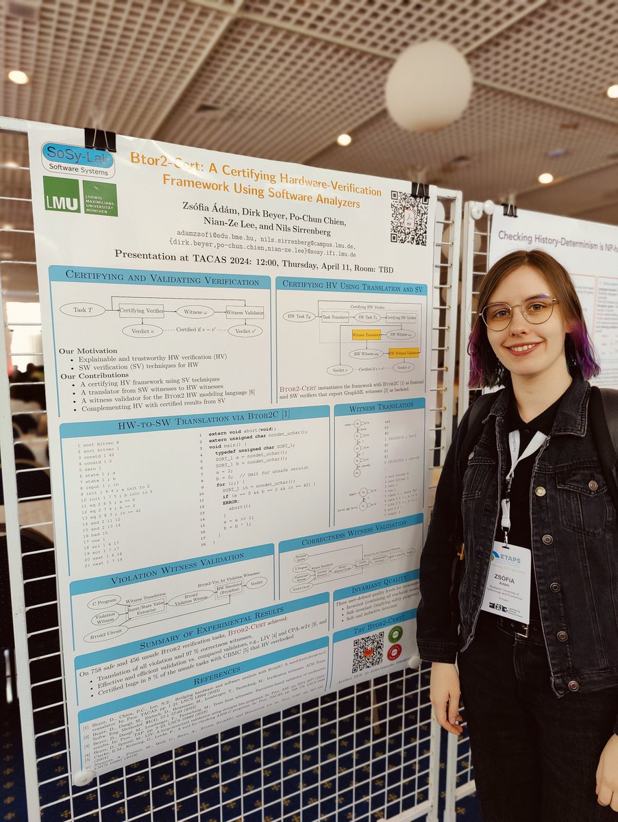 ftsrg_bme's tweet photo. The paper "Btor2-Cert: A Certifying Hardware-Verification Framework Using Software Analyzers", written by our PhD student, Zsófia Ádám @zsofi_adam, in collaboration with colleagues from @LMU_Muenchen received the Distinguished Artifact Award at TACAS 2024 @ETAPSconf. https://t.co/Phx9UpKUJF