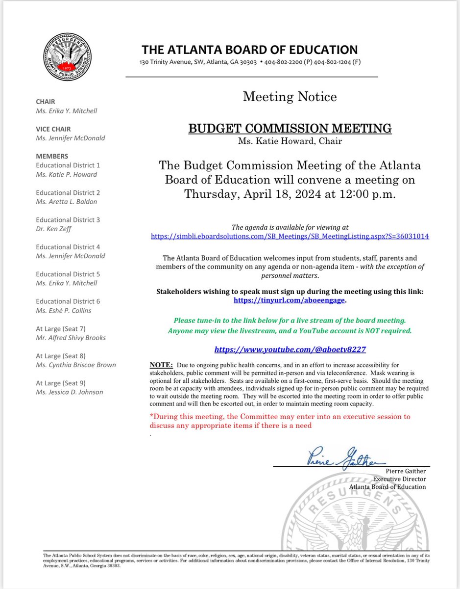 Budget Commission Meeting| Thursday, April 18, 2024| Center for Learning and Leadership (130 Trinity Avenue, Atlanta, Georgia 30303)| 12:00 PM