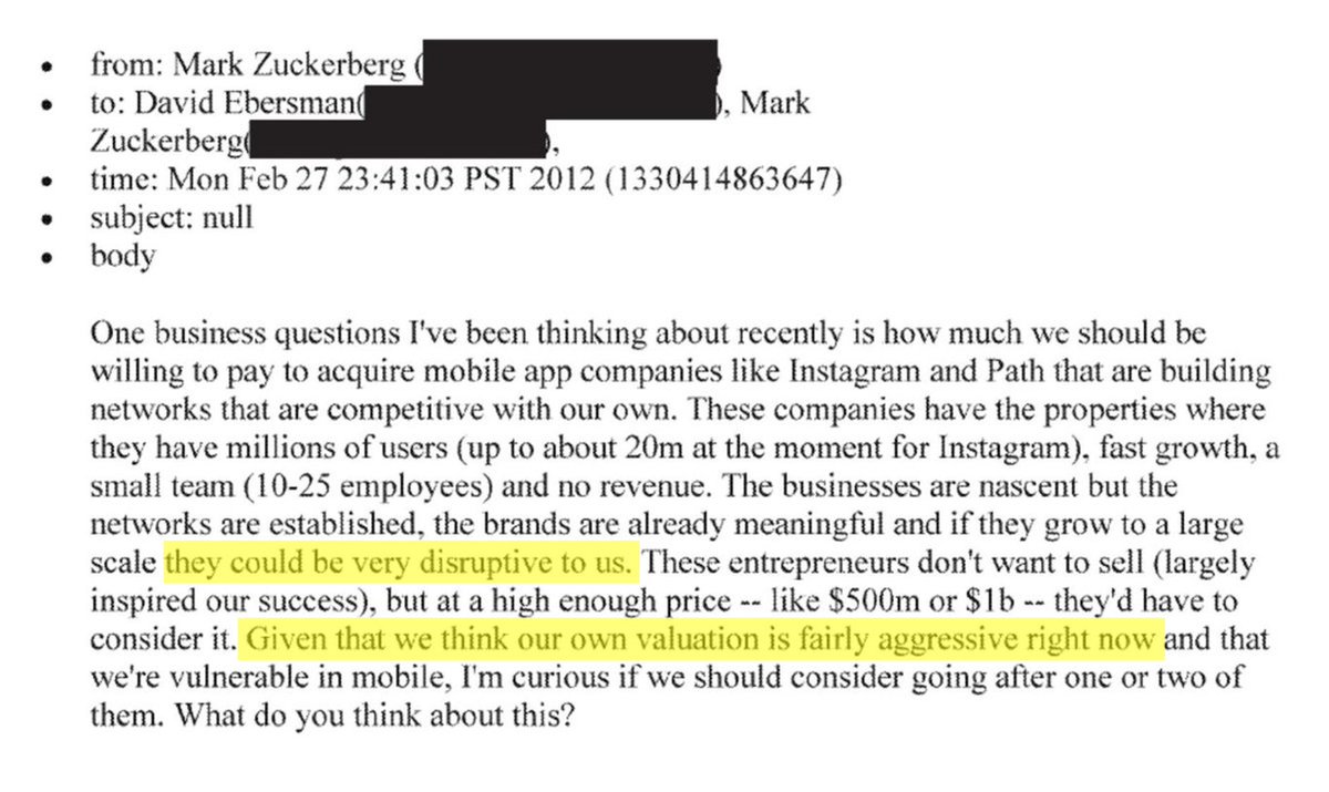 Zuckerberg's emails about the Instagram deal are a masterclass in business strategy and are worth studying. 🧵👇